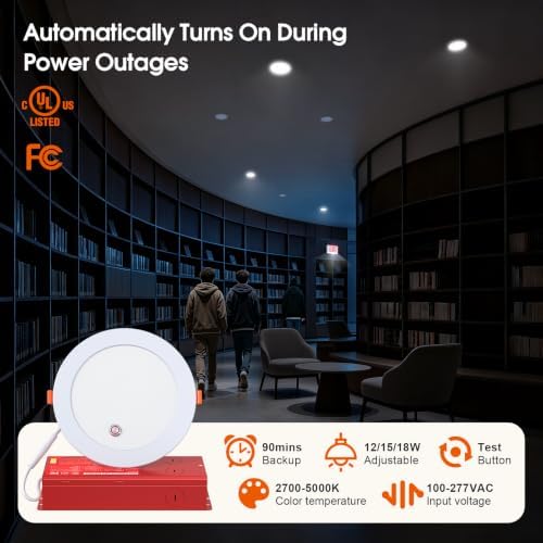 6 Inch LED Recessed Lights with 90 Mins Emergency Battery Backup, 5 CCT 2700K-5000K Dimmable Emergency Downlight, 12W/15W/18W Tunable Canless Wafer Light, ETL/FCC/UL/IC Ceiling Light 100-277V (1 Pack) - Image 2