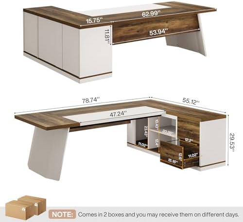 Tribesigns 78.7" L-Shaped Executive Desk, Modern Office Desk with 55.1" Storage Cabinet, Large Computer Table with Drawers, Business Furniture Workstation for Home Office, Brown & White - Image 2