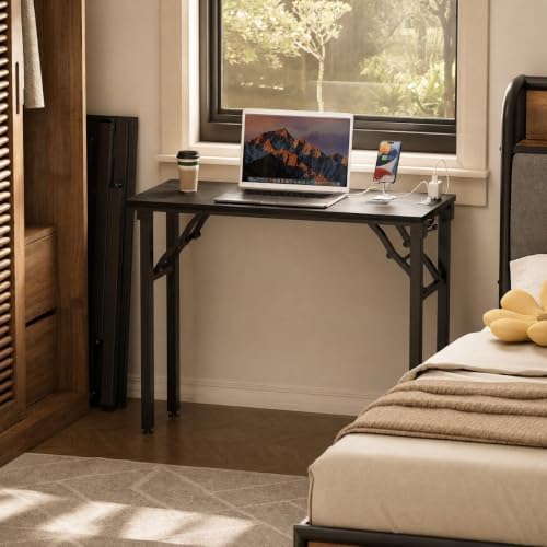 Folding Table Computer Desk - 35.8" No Assembly Folding Desk with Power Outlets & USB Charging Port, Small Desk, Foldable Office Desk, Compact Storage Portable Use for Small Space, Dark Oak - Image 2