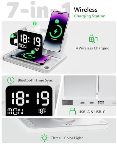 Acer 7-in-1 Wireless Charging Station with LED Clock - 30W Fast Wireless Charger for iPhone 16/15/14/13/12/Pro Max, Apple Watch, AirPods - Bluetooth Auto Time Sync & Night Lights (White) - Image 2