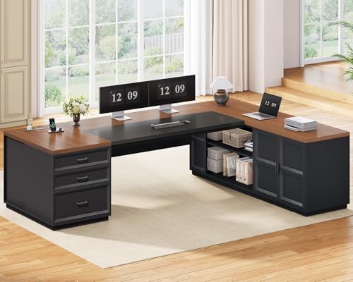 SEDETA 78.7" L Shaped Executive Desk with Charging Station, Large Home Office Computer Desk with File Drawers & Adjustable Storage Cabinet, CPU Stand, Modern L Desk for Business, Black + Brown by SEDETA