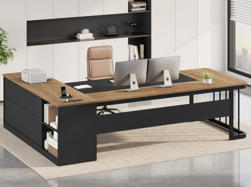 UPOSOJA 78.7" Executive Desk, Large Office Desk with Drawers & Storage Shelves, Modern L Shaped Computer Desk Corner Desk with Power Outlets, File Cabinet, Business Furniture Desk Workstation (Oak) by UPOSOJAWishesYouaNiceDay