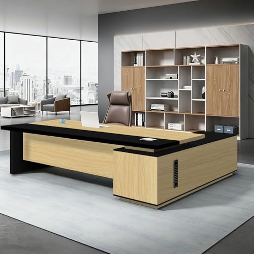 L Shaped Executive Desk with Drawers, Large Office Desk with Storage Cabinet, Wood L Shape Desk for Home Office or Business Workspace, Left or Right Cabinet Option, Multiple Sizes & Colors by Unknown