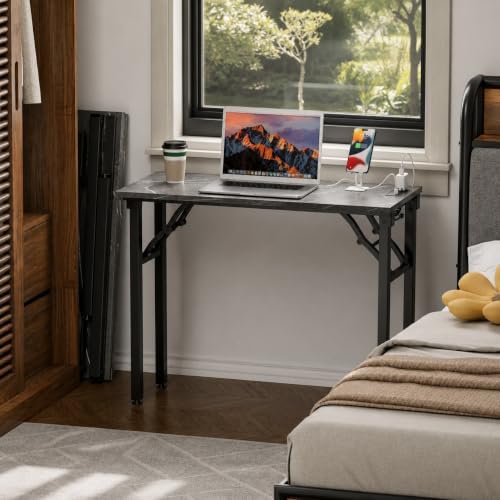 Folding Table Computer Desk - 35.8" No Assembly Folding Desk with Power Outlets & USB Charging Port, Small Desk, Foldable Office Desk, Compact Storage Portable Use for Small Space, Marble Greige - Image 2