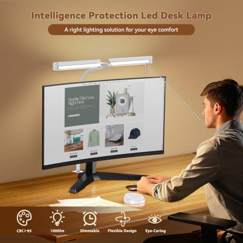 Pzloz Led Desk Lamp with Clamp: Architect Desk Lamp for Home Office, Eye Caring Double Head Computer Monitor Work Desk Light with Remote Control - 24W Flexible Dimmable Desktop Table Lamp White - Image 3