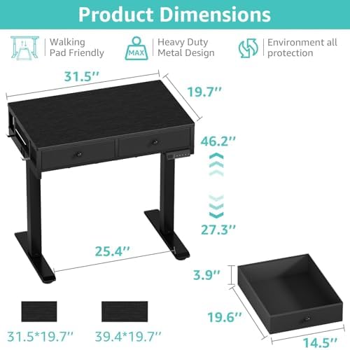 KLUVIS Black Sit Stand Desk with Drawers, 32 Inch Electric Standing Desk with Storage, Small Space Stand Up Computer Desks for Home Office Bedroom, Study Writing Desks for Walking Pad - Image 3