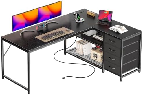 PRAISUN 53" L Shaped Desk with Power Outlets & 4 Drawers by PRAISUN