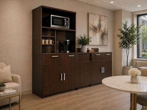 BREAKtime Breakroom Cabinet with 4-Door Storage, Trash Bin Compartment & Upper Hutch, Microwave Space, Fully Assembled, 90" W x 24" D x 75" H, Trash Bin Included, Appliances Not Included, Espresso - Image 4