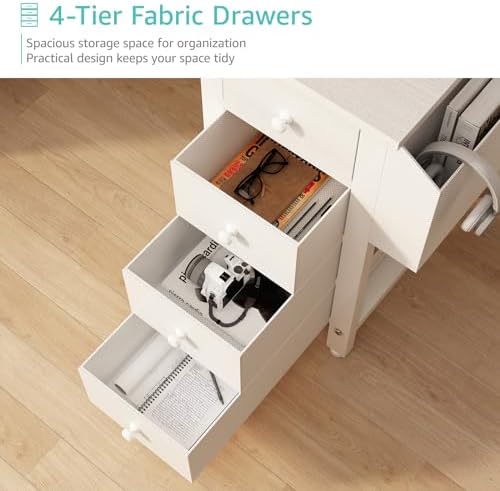 Lufeiya White L Shaped Computer Desk with Drawers & Storage Shelves, 47 Inch Corner Reversible Desk with Power Outlet for Home Office Bedroom, L-Shaped Teen PC Desks with Fabric Drawer, White - Image 5