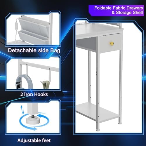 Jakyitvi 33.7" Computer Desk with Power Outlets, LED Lights & Drawer, Small Office Desk with Storage Bag & Hooks, Gaming Desk for Bedrooms or Home Office, Compact Study Desk for Small Spaces，White - Image 7