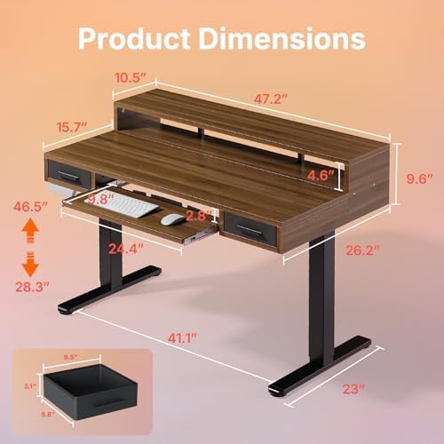 HUANUO 48″ x 26″ Electric Standing Desk with 2 Drawers &24.4″ Large Keyboard Tray, C-Clamp Mount Compatible, Adjustable Computer Desk for Office, Sit Stand Up Desk with 4 Height Presets, Deep Walnut - Image 2
