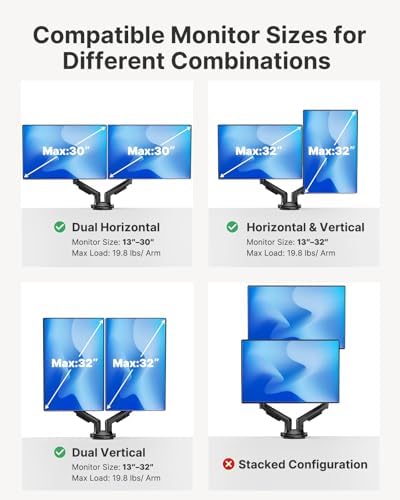 HUANUO FlowLift™ Dual Monitor Stand, Fully Adjustable Gaming Monitor Desk Mount for 13–32″ Computer Screens, Full Motion VESA 75x75/100x100 with C-Clamp & Grommet Base, Each Arm Holds 4.4 to 19.8 lbs - Image 6