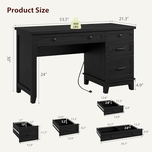 GarveeHome Farmhouse Executive Desk with Drawers, 53.54 in Home Office Desk with Charging Station, Wooden Computer Desk with File Cabinet Storage for Work Study Writing, Rustic Black - Image 2
