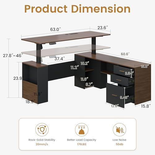 JOMEED 63" L Shaped Executive Standing Desk with Drawers,Brown and Black - Image 2