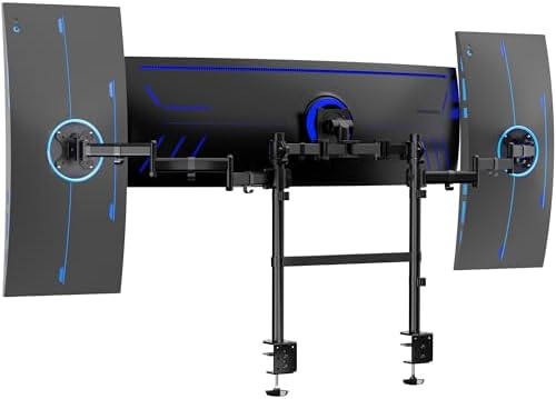 VIVO Clamp-on Dual Pole Triple Monitor Desk Mount for 1 Center Utrawide up to 49 inches and 59.4 lbs, 2 Side Screens up to 38 inches and 17.6 lbs, Low Profile Adjustable Stand, Black, STAND-V300CU by VIVO