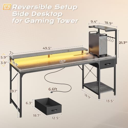 PRAISUN 63 Inch Gaming Desk with LED Lights & Power Outlets - Image 3