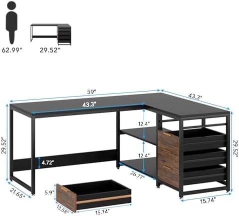 Tribesigns L Shaped Computer Desk with Storage Drawers, 59 inch Corner Desk with Shelves, Reversible L-Shaped Office Desk Study Writing Table Workstation for Home Office, Black - Image 2
