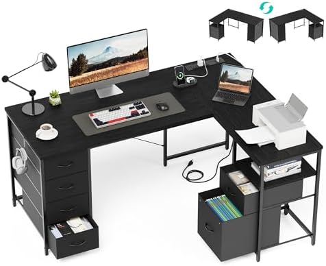 YOUDENOVA 55 Inch L Shaped Office Desk with 6 Drawers & Type-C Port, Black by YOUDENOVA