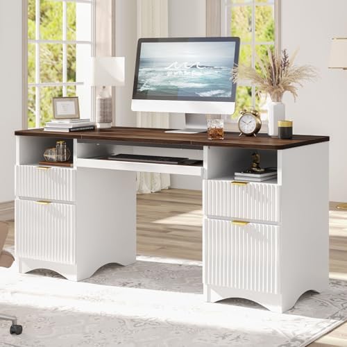 Bestier Computer Desk with Keyboard Tray, 59 inch Office Desk with 4 Drawers, Modern Home Office Desk with File Drawer (Walnut with White, 59" W with Double-Sided Drawers) - Image 3