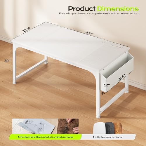 DurayLoly 55x24 Computer Desk, 2X Thicker Desktop,2.2” Steel Frame, White - Image 2