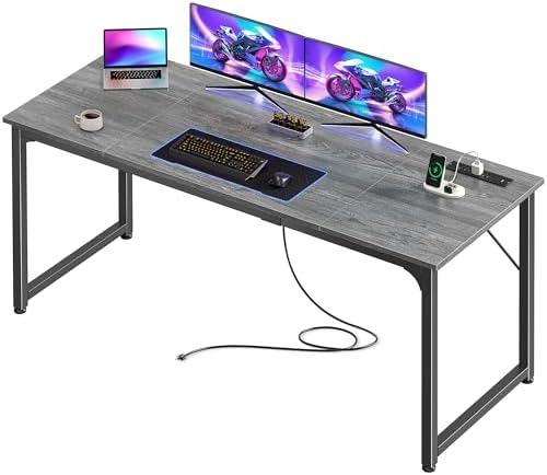PRAISUN 63 X 24 Inch Computer Desk, Power Outlets, USB-C, Grey by PRAISUN