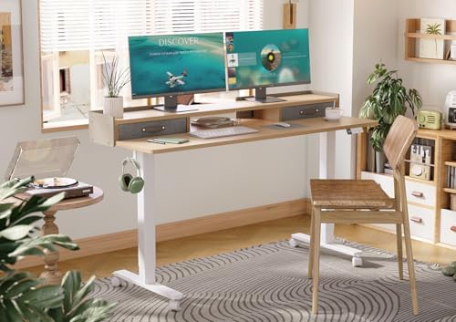 Claiks Standing Desk with Drawers & Wheels, 2 Height Shelf 63" Natural - Image 2