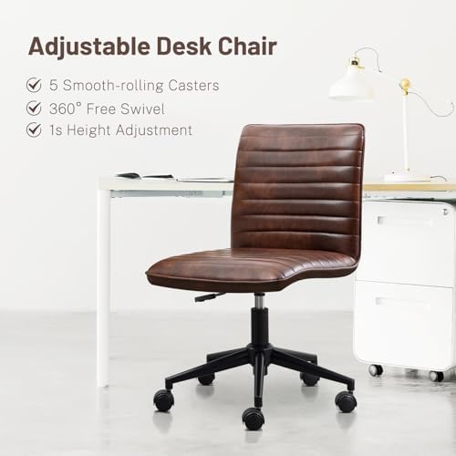 Furniliving Leather Home Office Chair, Armless Vanity Desk Task Chair with Wheels 360° Swivel Computer Rolling Desk Chair with Back, Adjustable Accent Chair with Base Stool - Image 3