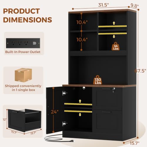 Vertical File Cabinet Bookcase with Printer Stand & Charging Station, Black - Image 3