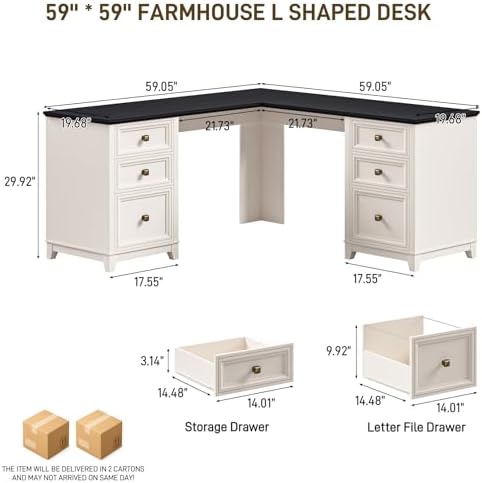 Vabches Farmhouse L Shaped Executive Desk with 6 Drawers, 59’’ Wood Home Office Desk with File Cabinet, Writing Corner Computer Desk for Home Office, Work, Study, White and Black - Image 7