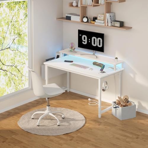 Lufeiya Small White Desk with LED Lights and Power Outlets, 32 Inch Home Office Computer Desks with Monitor Stand, Teen Writing Study Table Gaming Desk with Charging Station, White - Image 2