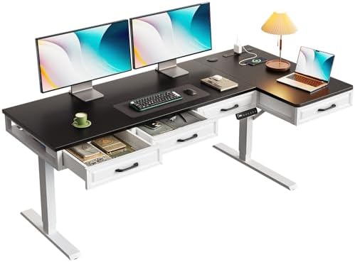 OffiGo 63 Inch L Shaped Standing Desk with 4 Wooden Drawers, White+Black by OfficeGo-ForHomeOfficeWork