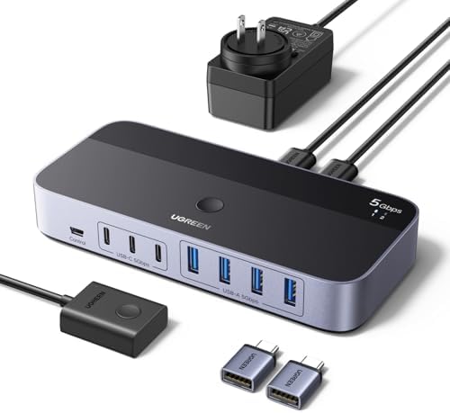 UGREEN 2-in 7-Out USB 3.0 Switch, USB Switcher for 2 Computers Sharing USB A & C Devices (4USB-A + 3USB-C), USB Switches Sharing Keyboard and Mouse with Controller, USB-C Male Adapter, Power Adapter by UGREEN