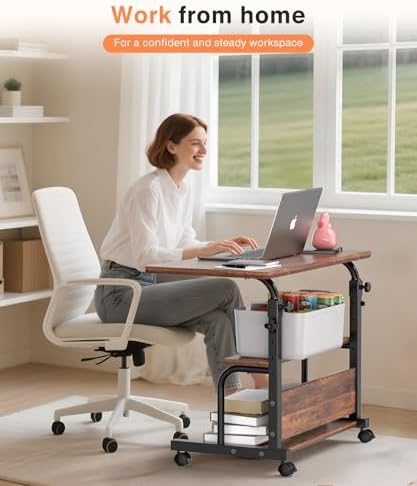 QZMDSM Portable Rolling Desk on Wheels Adjustable Height Desks for Small Spaces, 32" Computer Desk Drafting Tables with Storage Shelves for Home Office Rustic - Image 2
