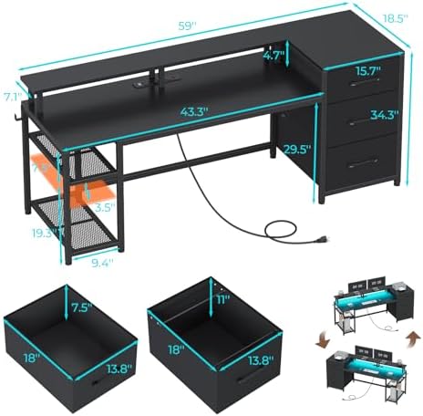 SEDETA 59" Office Desk with Drawers, Reversible Computer Desk with File Drawers & Storage, Gaming Desk with LED Lights & Power Outlet, Home Office Desks for Printer, Black - Image 2