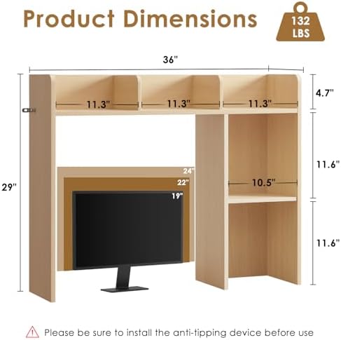 Nromant Desktop Bookshelf, Wooden Desk Storage Hutch with 4 Shelves, 3-Tier Desktop Display Organizer Rack for Office Home (Natural, 5 Shelves A) - Image 3