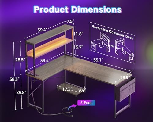 AODK L Shaped Desk Gaming Desk with LED Light & Power Outlet - Image 3