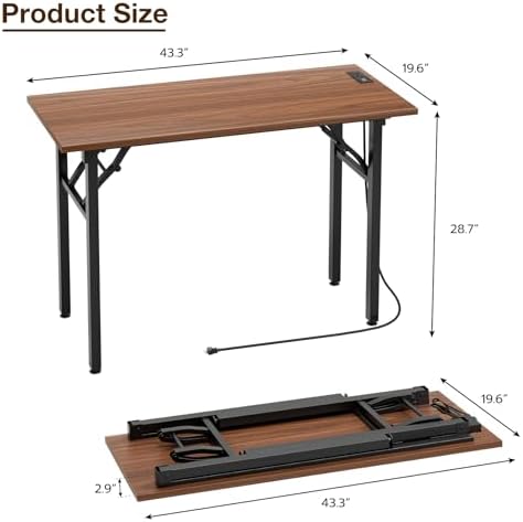 TEMI Small Computer Desk Folding Table - No Assembly, Compact 43.3" Foldable Desk with Power Outlets & USB Charging Port, Portable Small Office Desk, Ideal Mini Study Table for Narrow Spaces, Walunt - Image 3