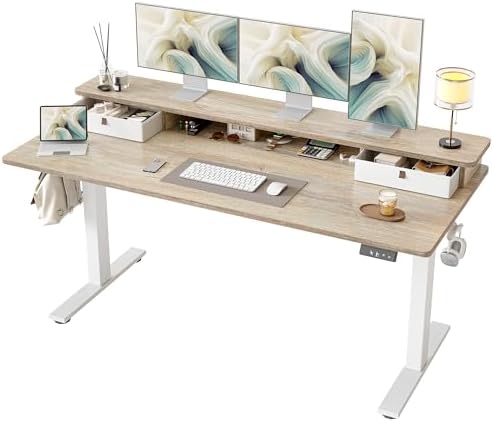 TIQLAB Standing Desk with Two Drawers, Stand Up Standing Desk Adjustable Height, Electric Sit Stand Table with Storage Shelf and Splice Board, 63 * 24 inch, Maple by TIQLAB