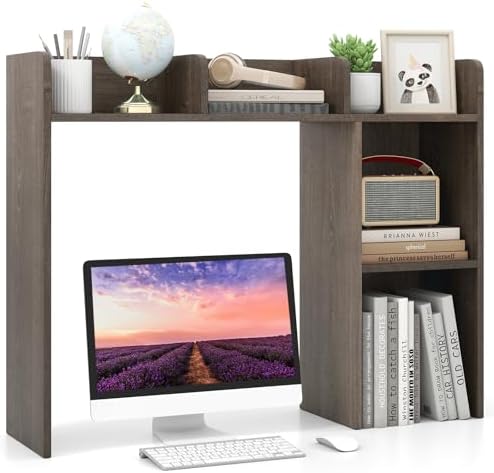 LDAILY Desktop Shelf, Multipurpose Wood Desk Hutch for Max 27" Computer Monitor, Countertop Storage Hutch with 5 Shelves, 3 Tier Desktop Display Rack for Dorm Office Home (Grey Oak) by LDAILY