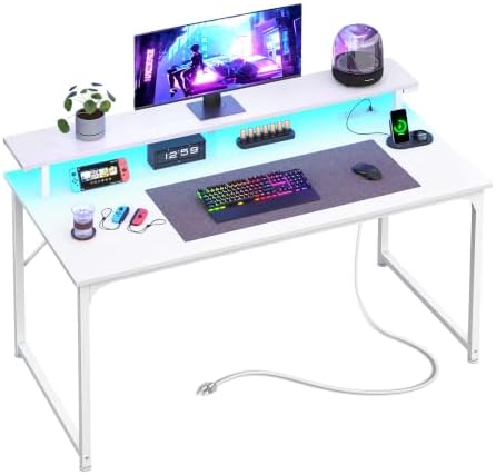 PRAISUN 40 inch Gaming Desk, LED & Power Outlets, Monitor Stand, White by PRAISUN