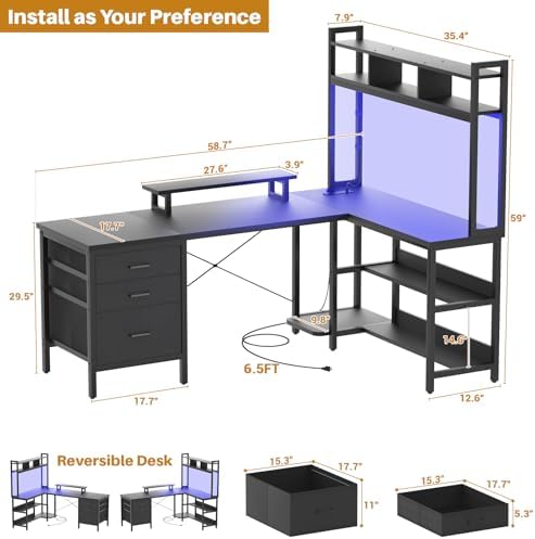 Aheaplus L Shaped Desk with Hutch, Gaming Desk with Led Lights, Reversible Computer Desk with Power Outlet, Corner Desk with File Drawer & Monitor Stand, Storage Shelves for Home Office, Black - Image 2