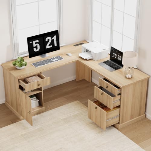 Garvee 60" Fluted L Shaped Desk with File Drawer, Corner Desk with Storage - Image 3