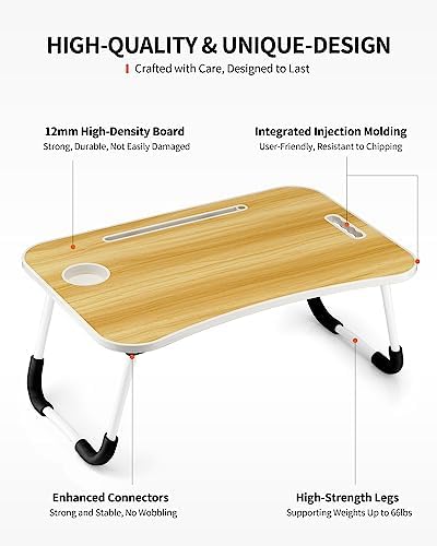 FISYOD Foldable Laptop Table, Portable Lap Desk Bed Table Tray, Laptop Stand with Cup Holder & Tablet Slot & Lifting Handle for Working Writing Drawing & Eating (Wood) - Image 5