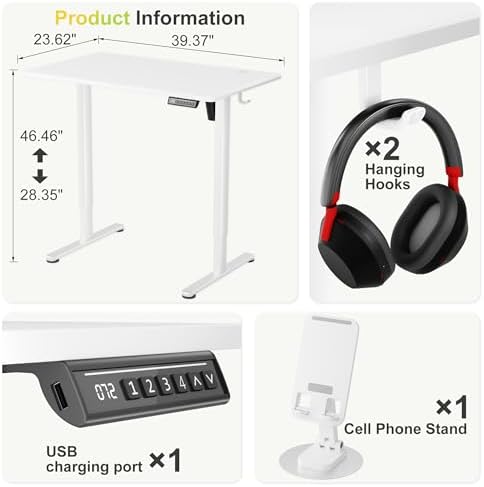 Furmax 40 Inches Electric Standing Desk, Home Office Desk with Phone Holder - Image 3