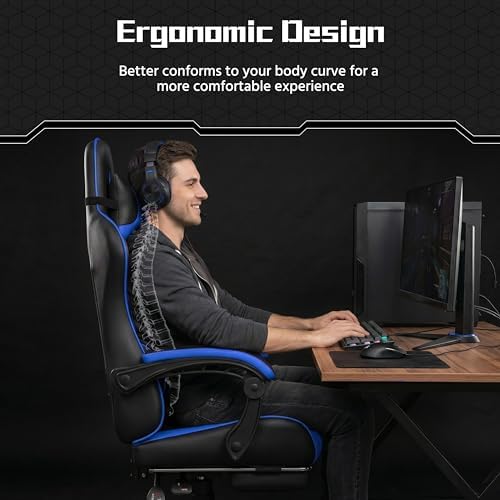 Yaheetech Gaming Chair with Footrest Massage Lumbar Pillow Black and Blue - Image 4