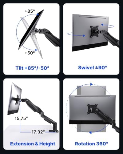 HUANUO 2 Pack Monitor Arm for Dual Monitor Setup, Single Monitor Mount for 13 to 32 Inch Screens, Adjustable VESA Monitor Stand with Clamp and Grommet Base, Each Arm Holds 4.4 to 19.8 lbs - Image 5