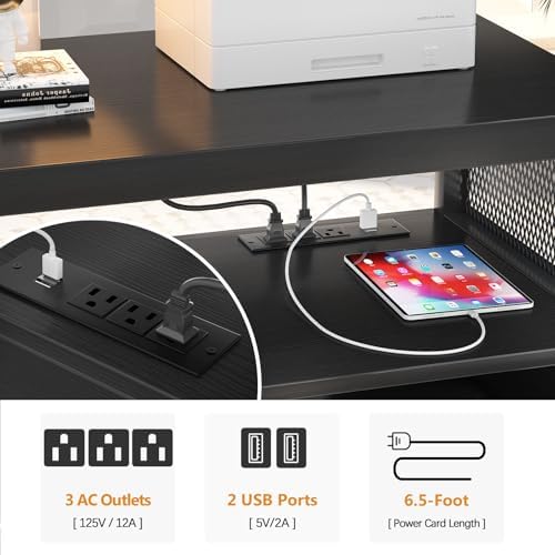 Unikito Lateral File Cabinet, Locking Office Printer Stand with Sockets and USB Charging Ports, Modern Rolling Printer Desk with Storage for A4, Letter Size and File Folders, Black - Image 4