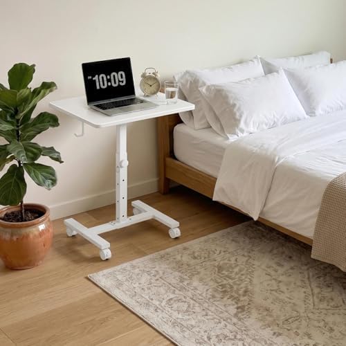 WINAZ Small Portable Rolling Desk Adjustable Height, 24 Inch Mobile Laptop Desk with Wheels for Dorm Room, C-Shaped Table for Sofa and Bed Side, Study Table for Students, White - Image 5