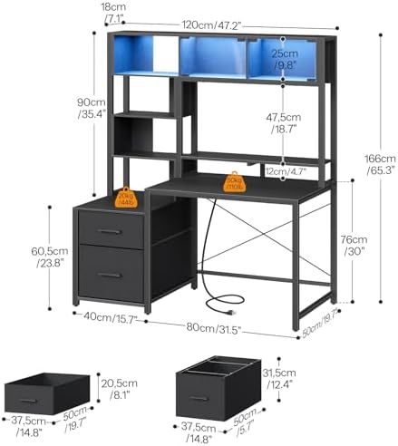 HOOBRO Computer Desk, 47.2" Gaming Desk with Hutch and LED Lights, Home Office Desk with Drawers and Bookshelf, Desk with Monitor Stand and Power Outlet for Bedroom, Black BB24UDDN01 - Image 2