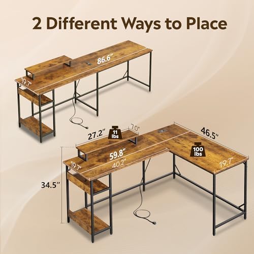 DEVAISE 60 Inch L Shaped Gaming Desk with LED Lights, Rustic Brown - Image 2